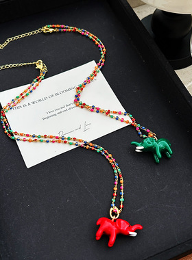 青岛高品质彩色串珠多巴胺项链女森系小象锁骨链清新复古气质项链