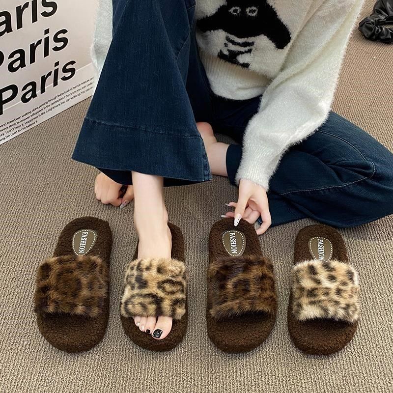 毛拖鞋女款外穿2025新款豹纹棉拖鞋秋冬季室内家居厚底保暖一字拖,淘宝优惠券,粉丝福利购,淘宝优惠卷