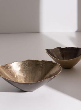 进口铝制新中式复古侘寂风长条托盘不规则碎边果盘碗形摆件装饰品