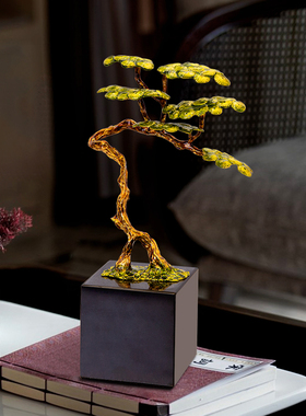 新中式珐琅彩f迎客松鹤工艺品摆件客厅玄关酒柜电视柜办公室装饰