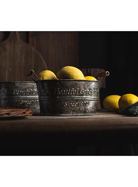 复古铁艺花盆木提手美食静物摄影道具乡村园艺装饰摆件做旧款