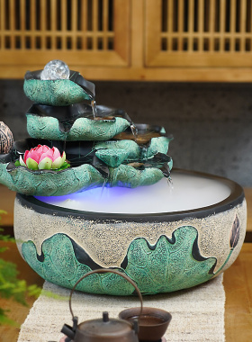 创意喷泉流水摆件招财风水球水景加湿器中式风水轮客厅桌面小鱼缸