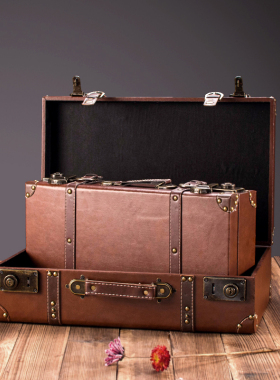 欧式复古手提箱木箱子道具箱子做旧箱仿古皮箱装饰品摆件橱窗陈列