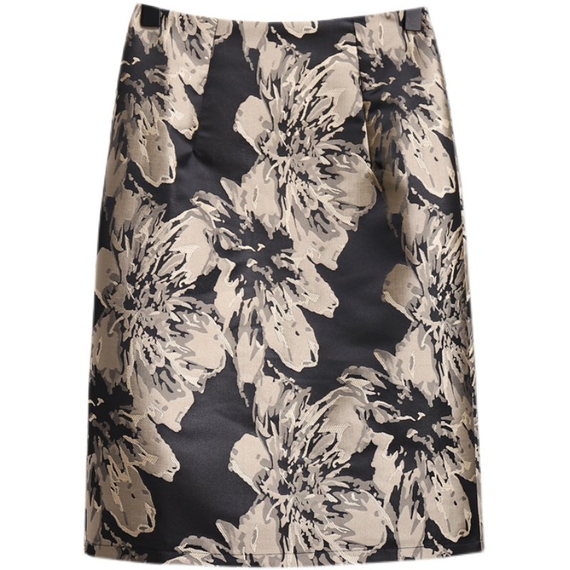 优雅花色提花半身裙女2021秋冬新款高腰中长款开叉一步裙包臀中裙,淘宝优惠券,粉丝福利购,淘宝优惠卷