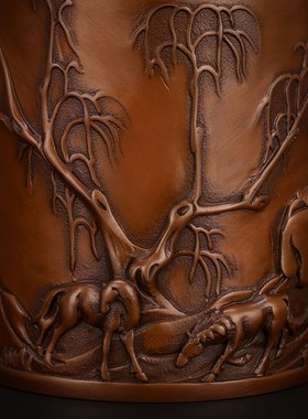 纯铜浮雕笔筒摆设办公室桌面摆件家居装饰品工艺品摆饰