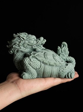 中式招财龙龟鱼缸沉底造景装饰品创意青砂石书房桌面瑞兽玄武摆件