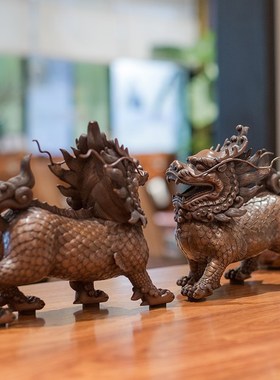 铜韵堂紫铜威武麒麟摆件一对老板桌办公室家居装饰物开业乔迁礼品