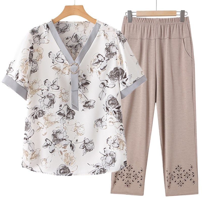 母亲节妈妈装新款夏装洋气中老年女时尚气质雪纺短袖套装奶奶上衣,淘宝优惠券,粉丝福利购,淘宝优惠卷