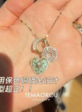 vintager古著叠戴蓝色向日葵爱心吊坠金项炼女款钛钢不掉色锁骨炼