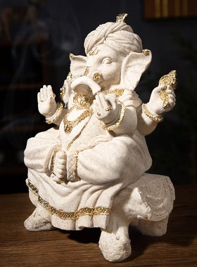 东南亚仿砂岩象鼻神摆件泰式p会所客厅玄关柜桌面传统装饰摆件