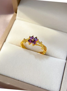 轻奢红宝石四叶草开口可调女戒