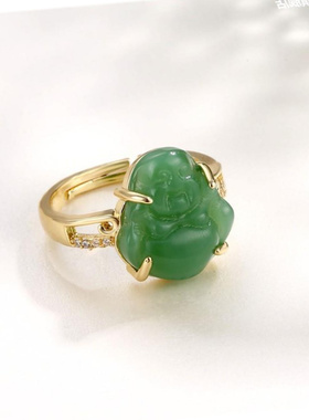 新款轻奢复古绿玉弥勒佛活口女戒