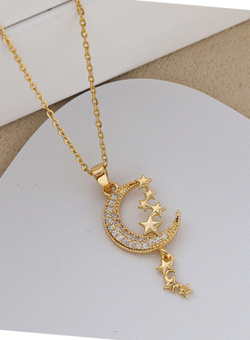 新款设计感小众钛钢镶钻星月项链