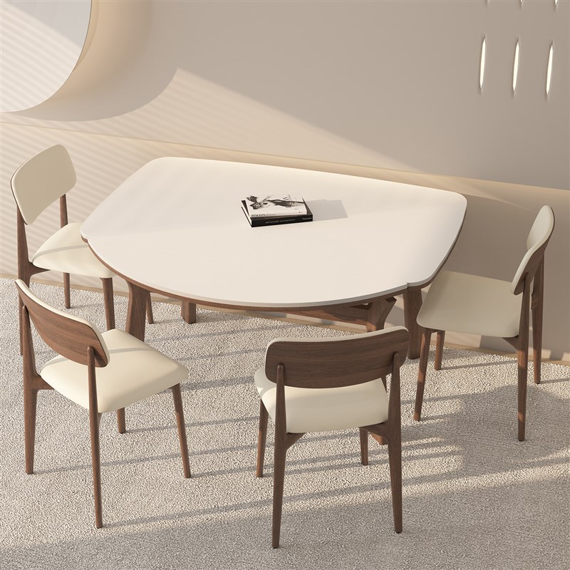 实木可伸缩岩板餐桌可变圆桌家用小户型奶油中古风高端吃饭桌子 - 图3