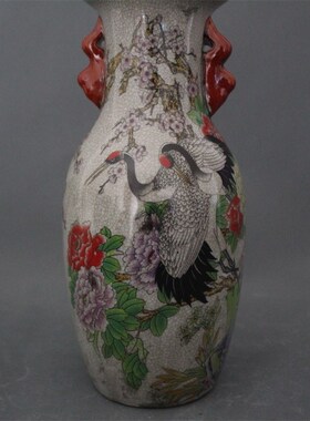 景德镇仿古陶瓷器乾隆粉彩福寿鹤图花瓶家居装饰摆件做旧展柜收藏