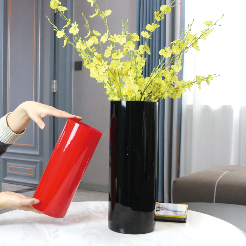 简约黑白色直筒圆口玻璃花瓶落地水培插花花瓶酒店样板房装饰摆件 - 图2