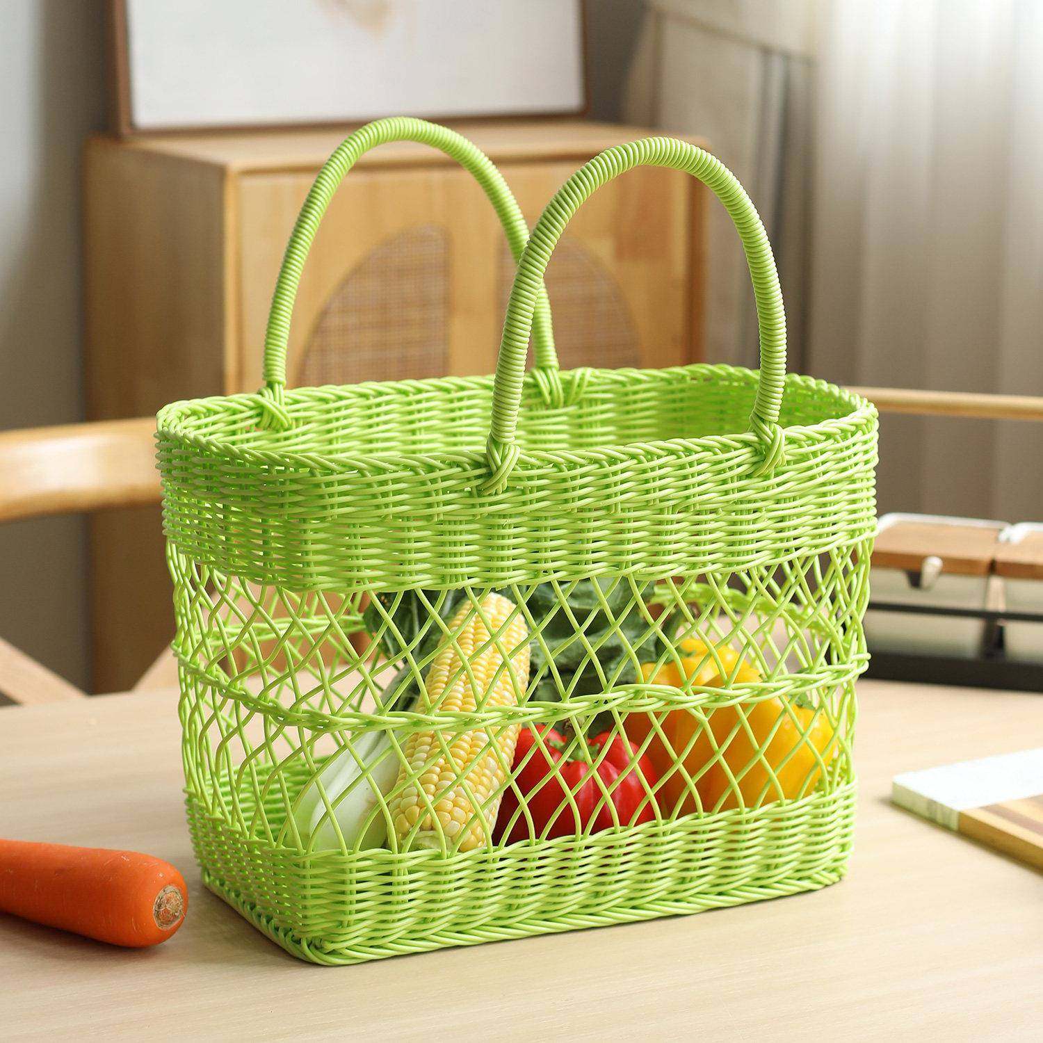手提菜篮子买菜篮仿藤编购物篮大号网红野餐篮水果蔬菜零食收纳,淘宝优惠券,粉丝福利购,淘宝优惠卷