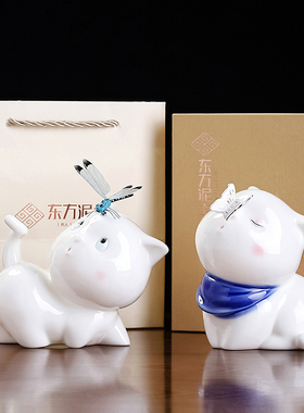 陶瓷国风手办可爱卡通猫咪摆件创意书桌办公室工位解压轻奢高级感