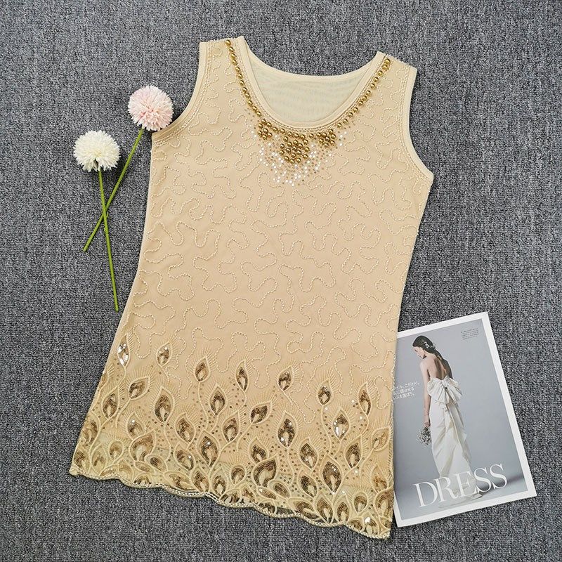 夏吊带背心女中长款网纱蕾丝显瘦外穿宽松钉珠打底衫无袖内搭上衣,淘宝优惠券,粉丝福利购,淘宝优惠卷