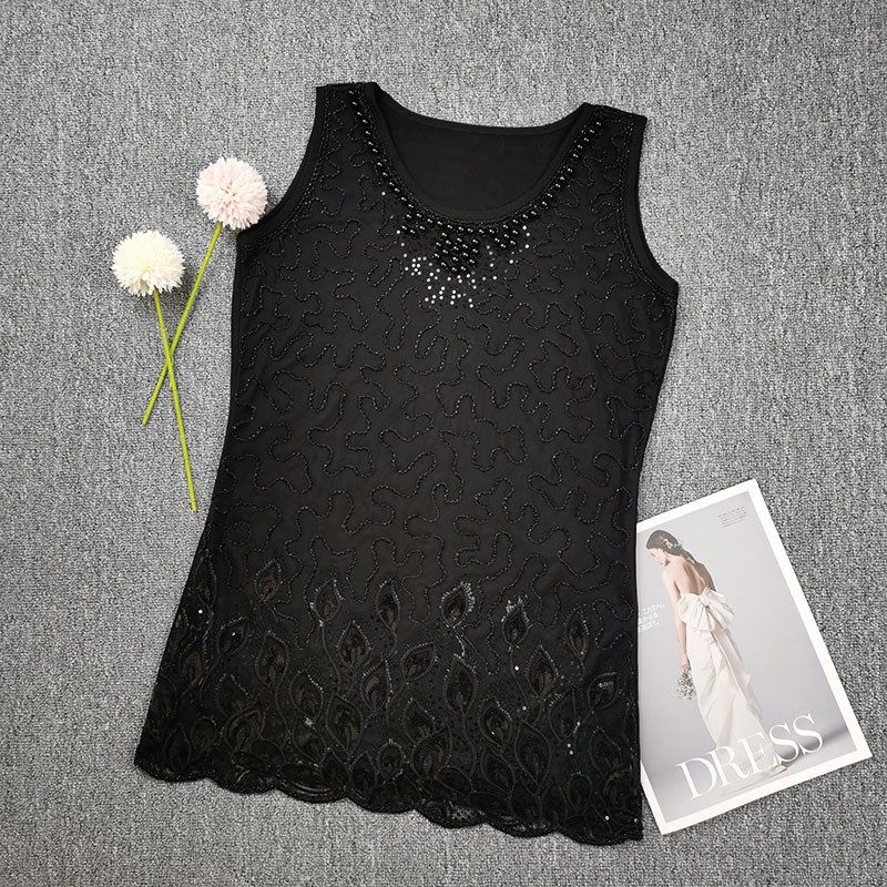 夏吊带背心女中长款网纱蕾丝显瘦外穿宽松钉珠打底衫无袖内搭上衣,淘宝优惠券,粉丝福利购,淘宝优惠卷