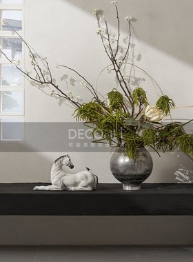 邸高家居 新中式别墅餐厅桌面乌金水墨大花瓶插花装饰罐软装摆件