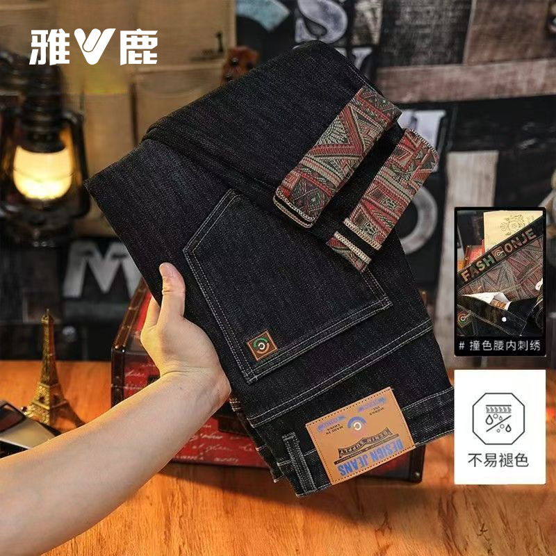 雅鹿冬季加绒加厚保暖斜口袋牛仔裤男士直筒修身弹力潮流绒棉裤子 - 图1