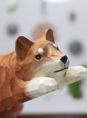 Chumfun 手工木雕动物摆件柴犬可爱秋田犬工艺品家居饰品桌面装饰
