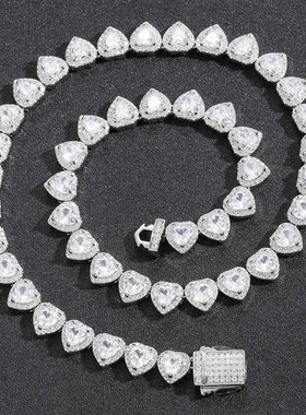 欧美跨境锆石项链嘻哈10mm爱心冰糖链弹簧扣百搭时尚男女嘻哈项链