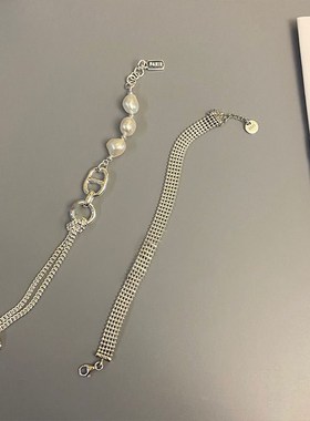 925纯银不规则珍珠猪鼻子拼接坦克链条银珠手链 女韩版时尚手饰