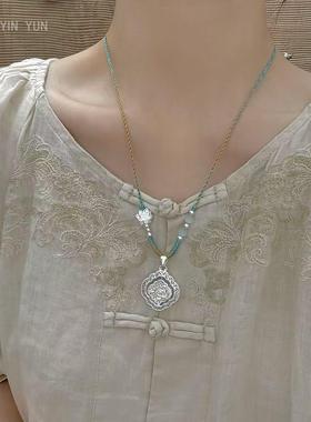 足银999莲花如意锁吊坠项炼双面转动编绳长命锁新中式送女友礼物