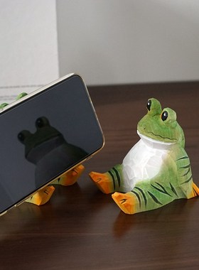 手机支架手工木雕悠闲青蛙动物卡通木头治愈系桌上实用装饰品摆件