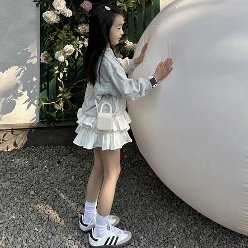 女童蓬蓬半身裙春夏女孩表演出时髦百褶裙蛋糕防走光裤白色短裙子 - 图0