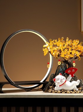 发财树招财猫摆件高档新中式客厅玄关书房装饰品乔迁新居开业礼物