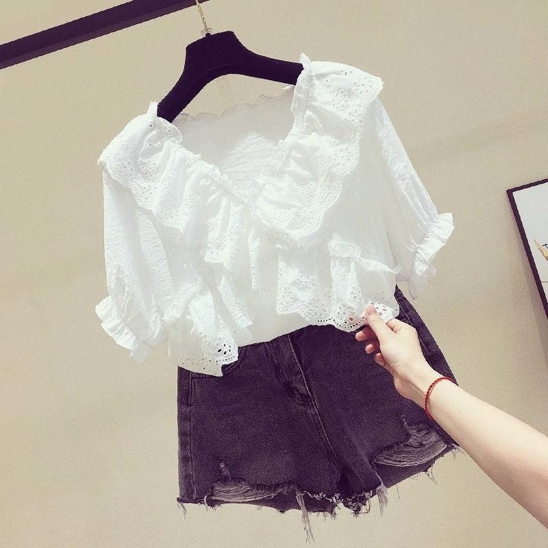 2023夏季新款显瘦宽松v领雪纺衫女短袖荷叶边娃娃领时尚洋气上衣,淘宝优惠券,粉丝福利购,淘宝优惠卷