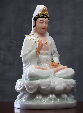 观音佛像汉白玉观世音菩萨家用坐莲南海送子观音娑婆三圣神像摆件