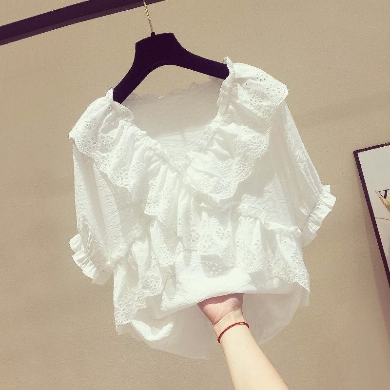 2023夏季新款显瘦宽松v领雪纺衫女短袖荷叶边娃娃领时尚洋气上衣,淘宝优惠券,粉丝福利购,淘宝优惠卷