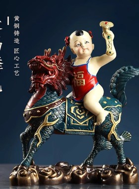 彩绘麒麟摆件铜麒麟家居工艺品摆件家庭客厅装饰卧室单人