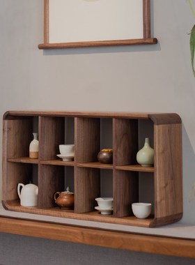 九间房黑胡桃实木置物架茶家俱禅意简约多宝格层架瓷器茶室方格架