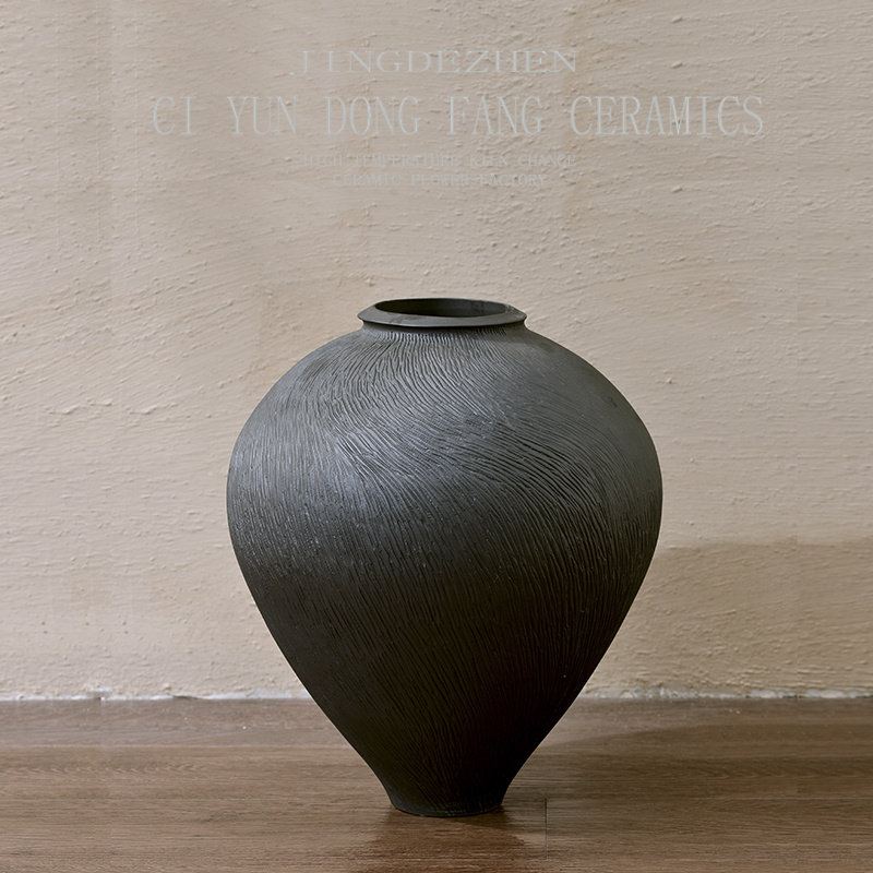 新黑色粗陶罐大肚瓶插器客厅样板间软装家居饰品,淘宝优惠券,粉丝福利购,淘宝优惠卷