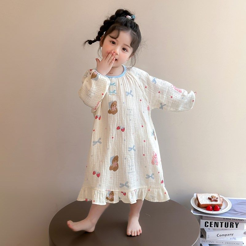 2025新款女童睡裙纯棉纱布女宝宝长袖儿童睡衣女孩春秋公主家居裙,淘宝优惠券,粉丝福利购,淘宝优惠卷