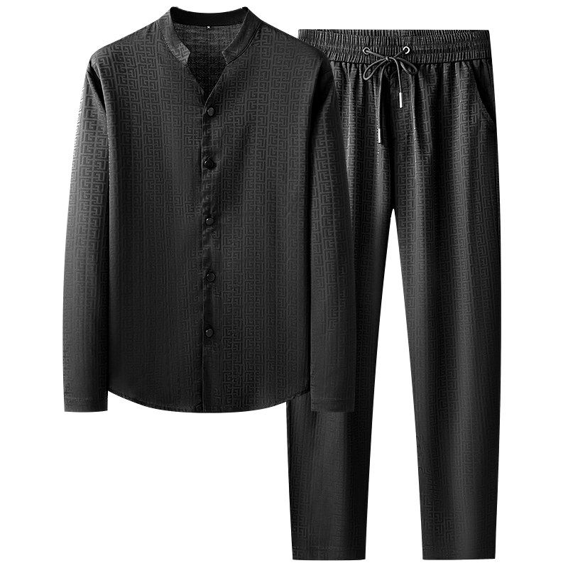 2024年春季新款休闲套装男士长袖时尚提花衬衫开衫薄款丝滑两件套,淘宝优惠券,粉丝福利购,淘宝优惠卷