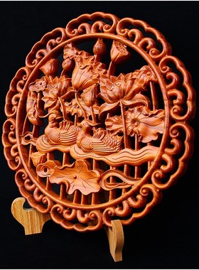 桃木鸳鸯戏水图床头挂件木雕比翼鸟卧室婚房美祝福礼品装饰