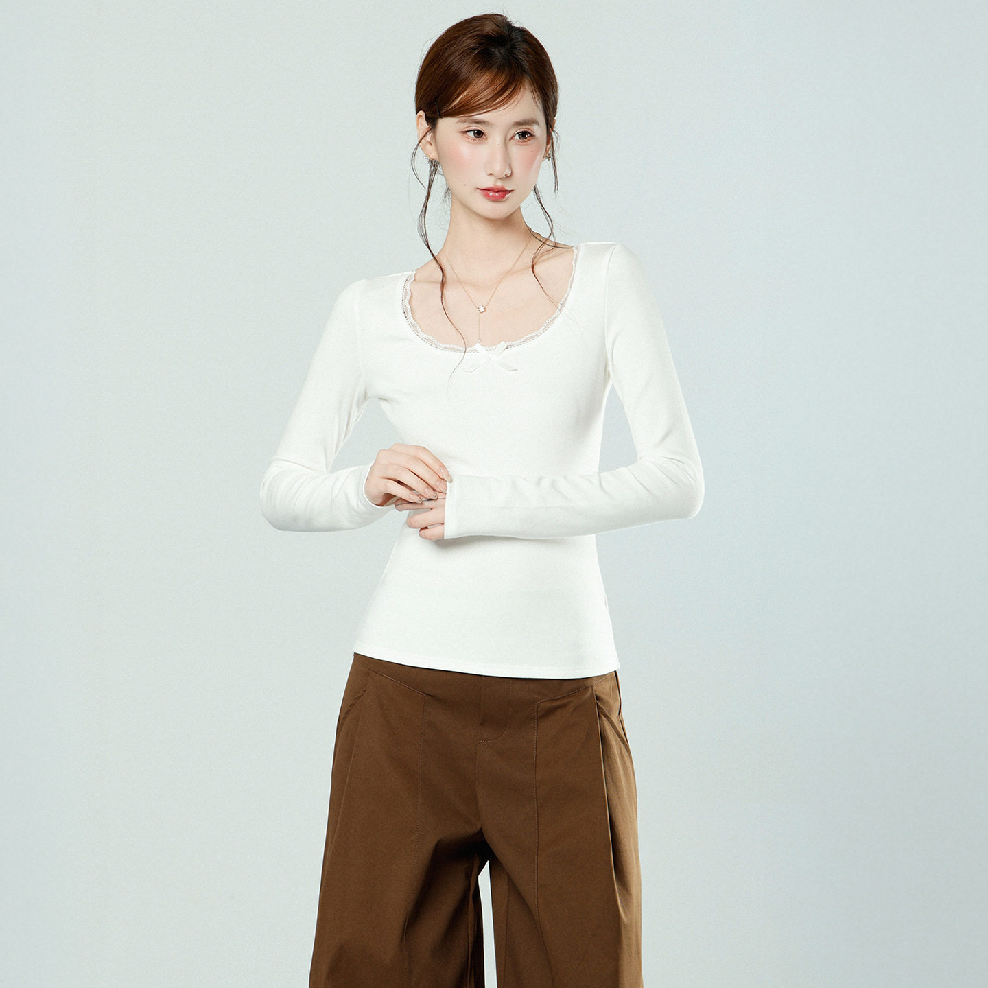 粉色新款蕾丝u领磨毛加厚内搭打底衫冬季长袖修身显瘦好看上衣女,淘宝优惠券,粉丝福利购,淘宝优惠卷