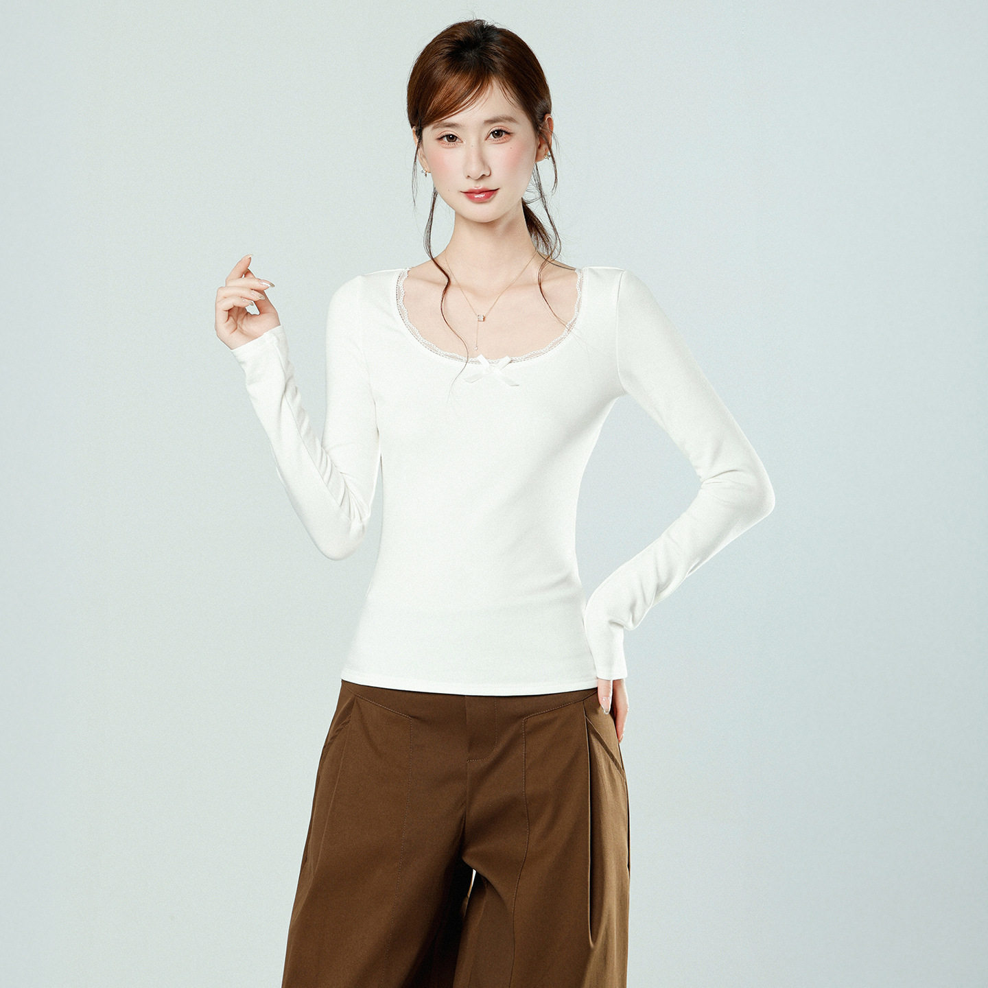 粉色新款蕾丝u领磨毛加厚内搭打底衫冬季长袖修身显瘦好看上衣女,淘宝优惠券,粉丝福利购,淘宝优惠卷