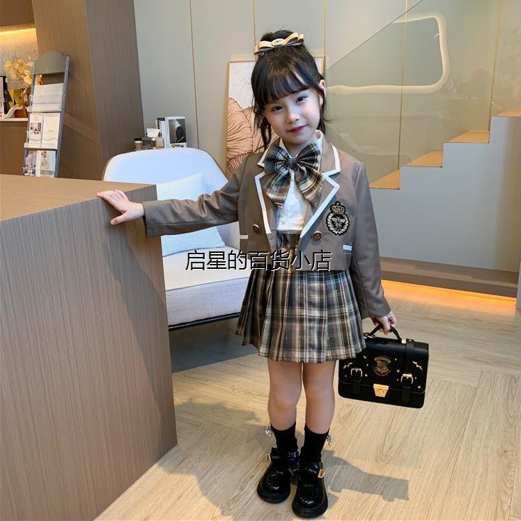 女童学院风套装2024新款中大童三件套洋气jk制服儿童女幼儿园裙子 - 图0