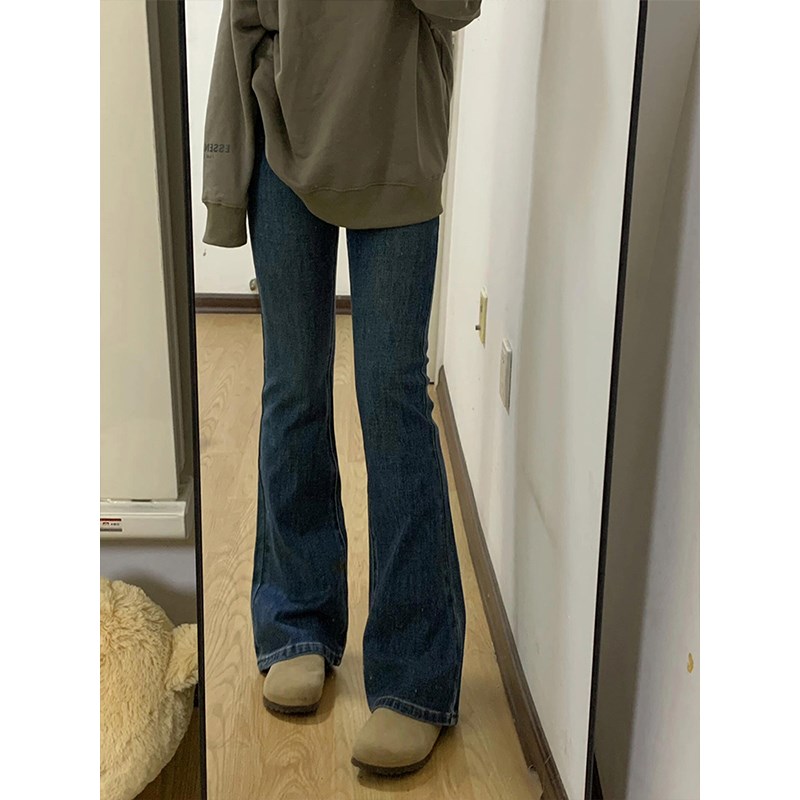 复古蓝微喇弹力牛仔裤女秋冬加绒高腰大码胖mm巨显瘦裤子梨型身材 - 图0