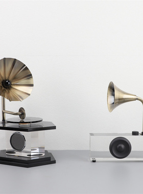 现代复古水晶金属留声机样板间家居客厅书房创意桌面装饰摆件