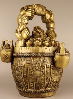 铜一桶金大号铜金蟾金桶握手携手共赢中式桌面门厅办公室招财