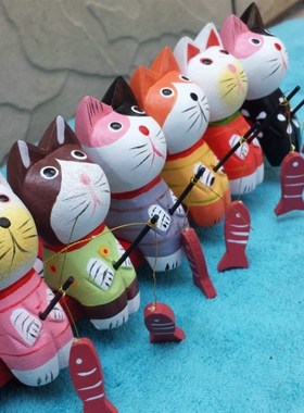 地中海装饰六小猫钓鱼装桌面摆件纯手工木质家居书房摆件装饰