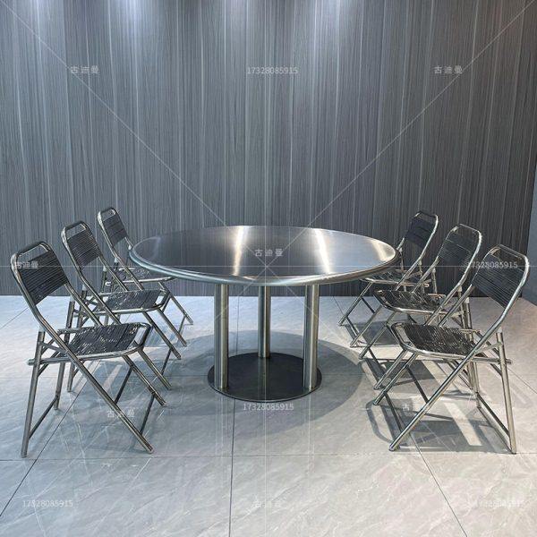 网红工业风大排档餐厅韩式圆形餐桌不锈钢双层大圆桌满板折叠椅子,淘宝优惠券,粉丝福利购,淘宝优惠卷